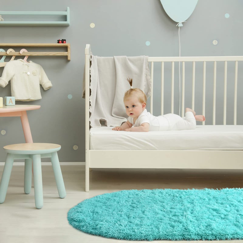 Softlife Fluffy Rugs for Bedroom, Shag Cute Area Rug for Girls/Boys and Kids Baby Room Home Decor, 2.6 x 5.3 Feet Oval Indoor Carpet for Nursery Dorm Living Room, Turquoise Blue - Image 4